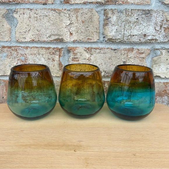 3 Stemless Hand Blown Art Recycled Glass Amber Sea Blue Thick Drinking Glasses - Picture 3 of 12